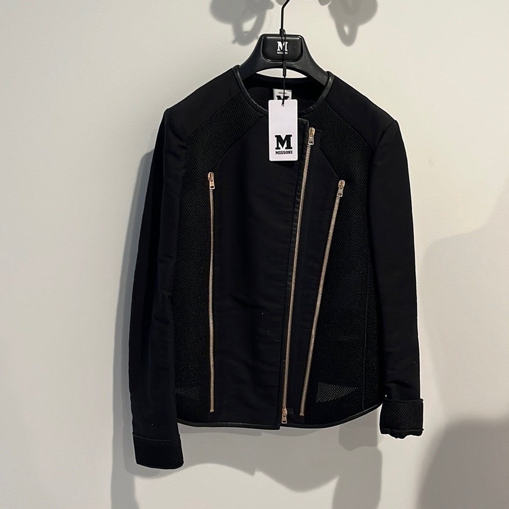 NWT Missoni Black Zip Up Moto Jacket Asymmetrical Gold Mesh size EU 38